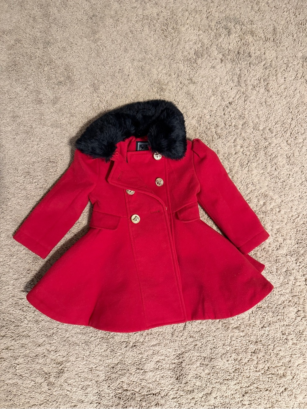 Rothschild Red Peacoat with Black Faux Fur Collar